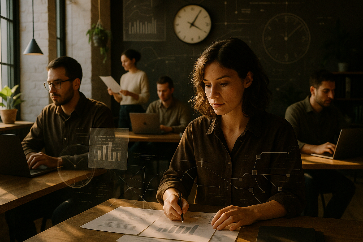 Focused individuals in a modern loft surrounded by abstract data, clocks, and digital code.