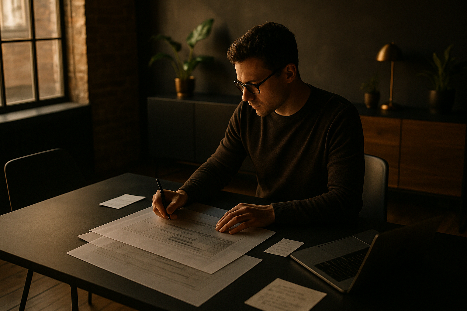 Focused person reviewing schematics at minimalist loft table with notes and glowing laptop.