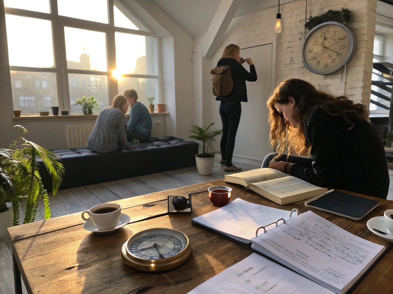Group around wooden table with notebooks, compass, tea, and sketches in modern loft.