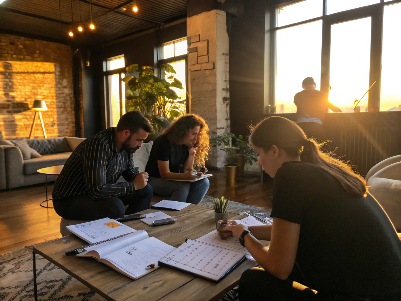 Group discussing strategies in a modern loft with notebooks, charts, and natural light.