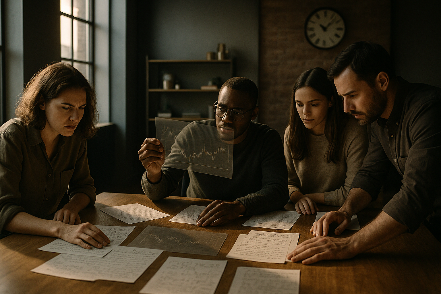 Group of people studying notes and charts in a modern loft with warm lighting and subtle gold accents.
