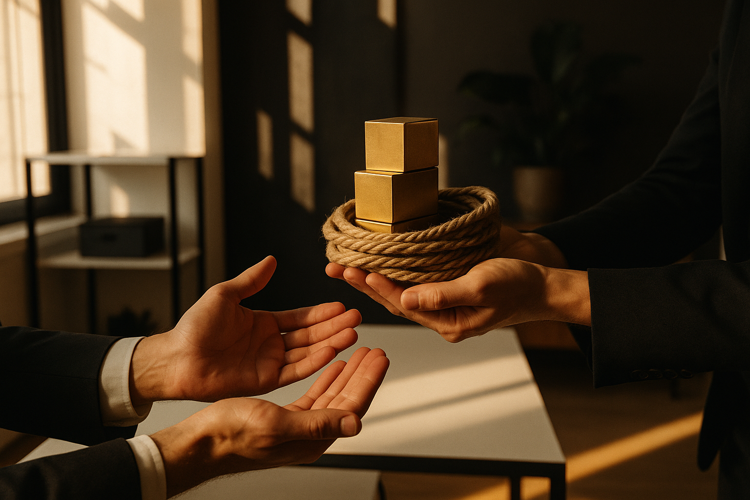 Intertwined hands exchanging gold cubes and ropes in a modern loft with warm lighting.