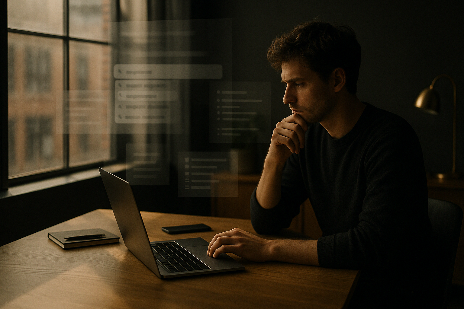 Person working in a modern loft with floating digital fragments and warm, soft lighting.