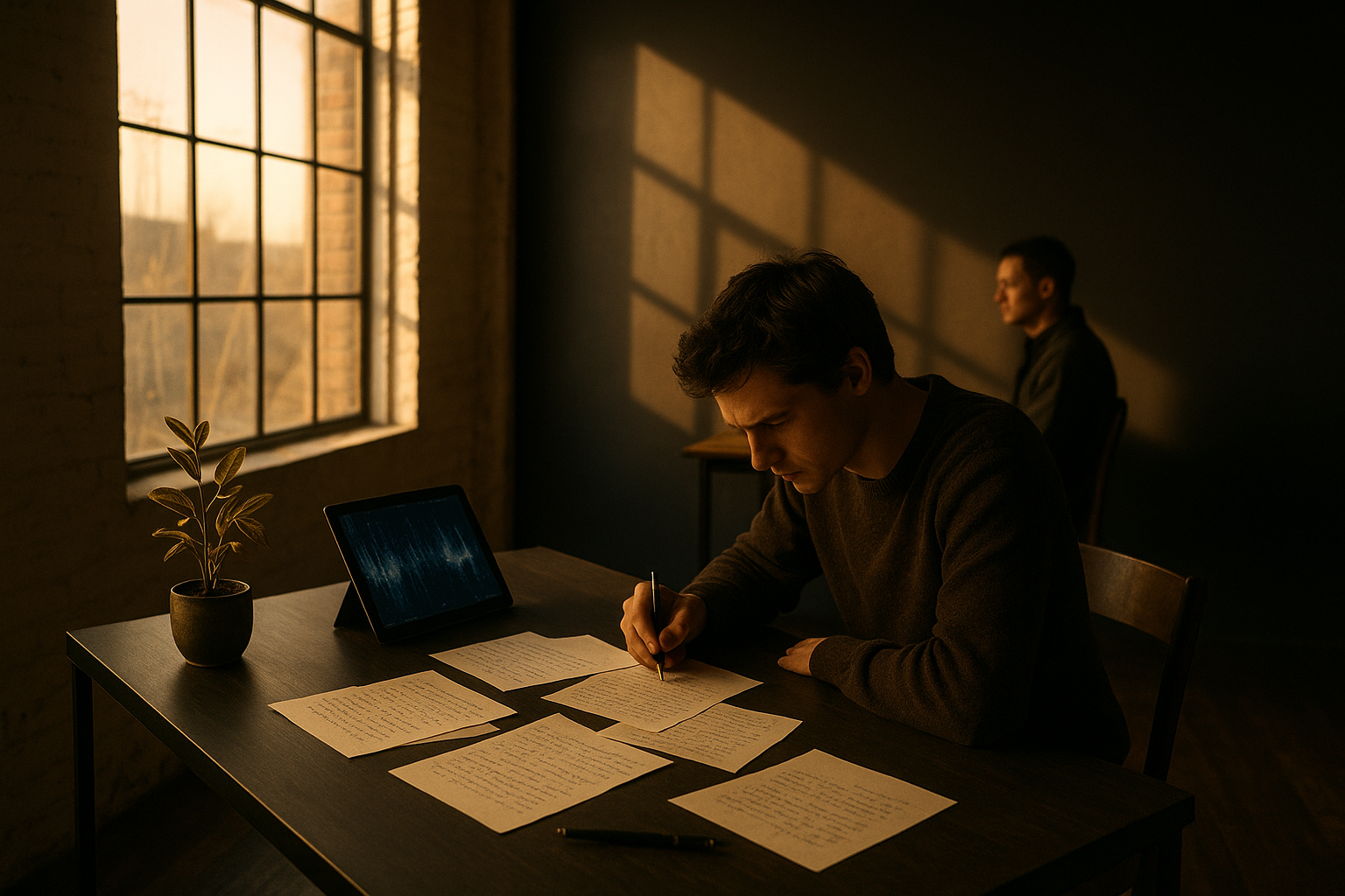 Sunlit loft with two people studying handwritten notes and digital screens, surrounded by plants and minimalist decor.