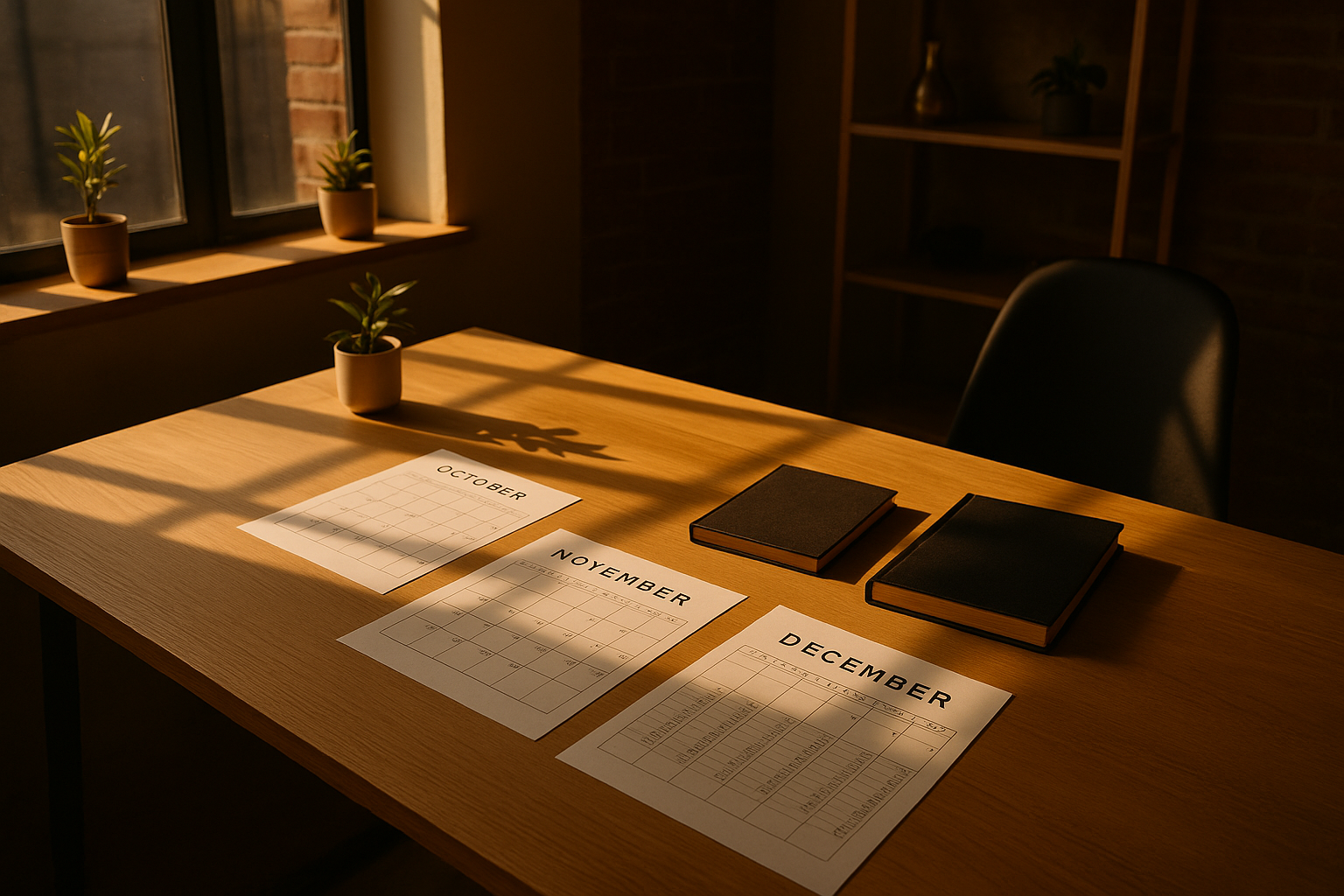 Sunlit modern loft with minimalist desk, open calendars, financial ledgers, plants, and gold accents