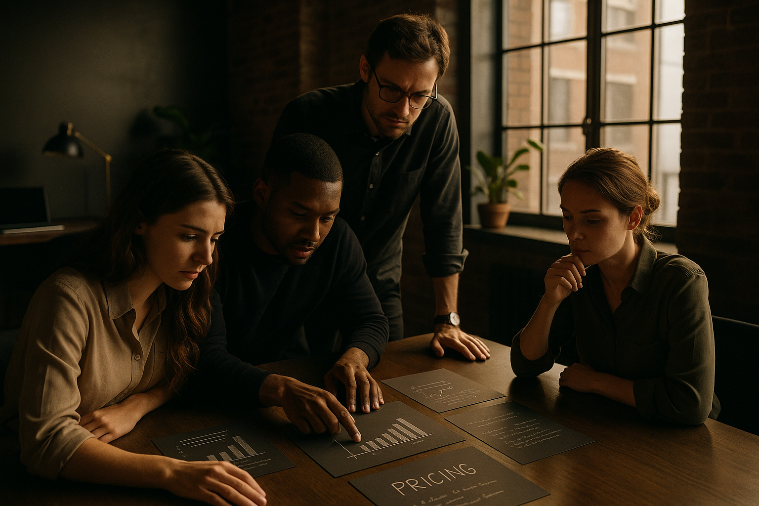 Team collaborates over charts and notes in a modern loft with warm, natural lighting.
