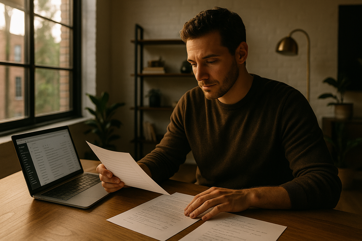 Thoughtful person reviewing papers and laptop in modern loft workspace with warm lighting.