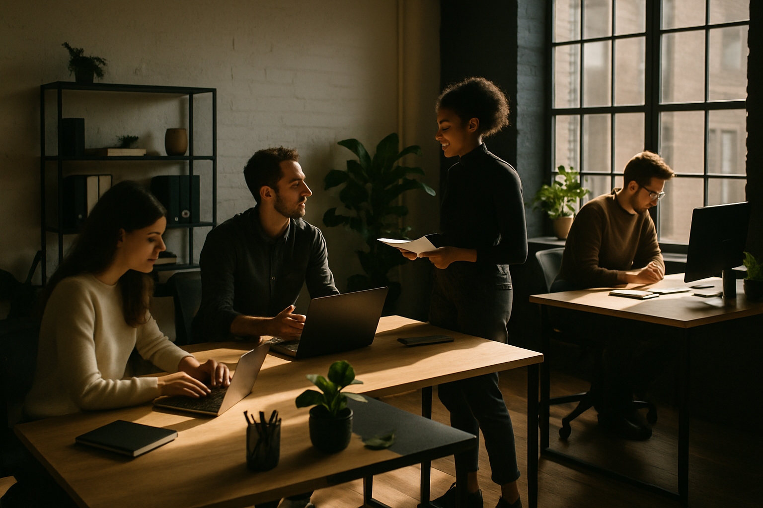 Candid co-working loft with people collaborating at minimalist desks in warm, modern, stylish space.