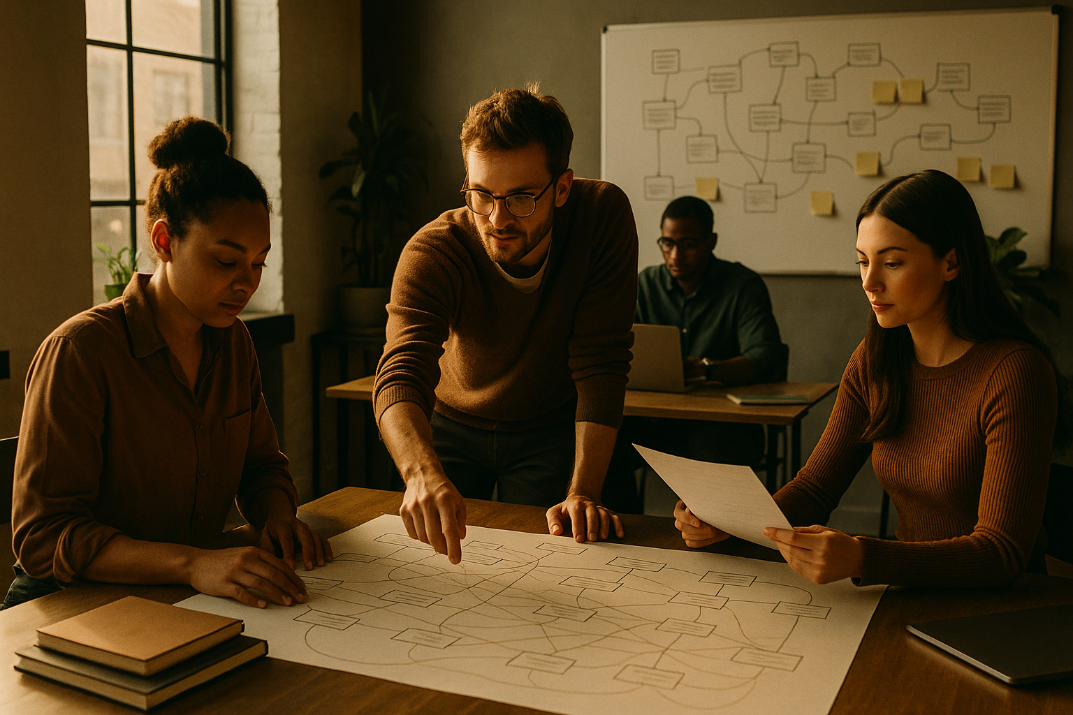 Candid co-working loft with people collaborating over notebooks and charts in warm, natural light.