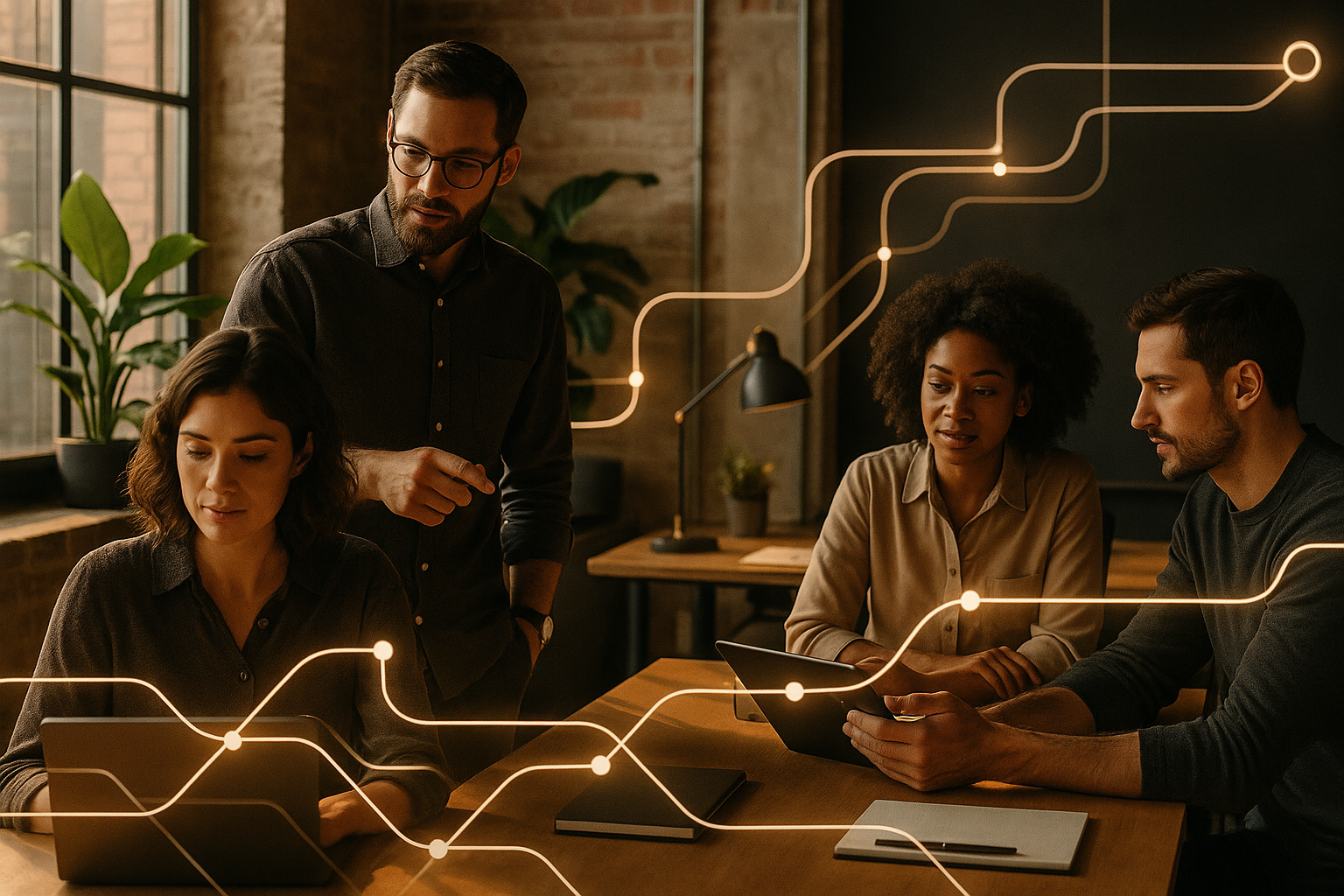 Candid co-working loft with people interacting around interconnected glowing pathways and modern decor.