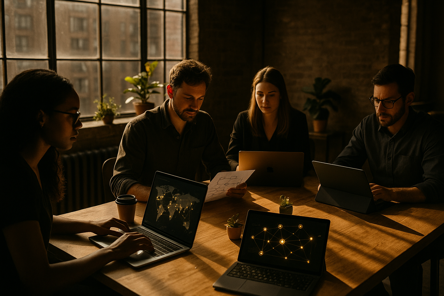 Candid co-working scene with professionals around a wood table, digital maps and network visuals.