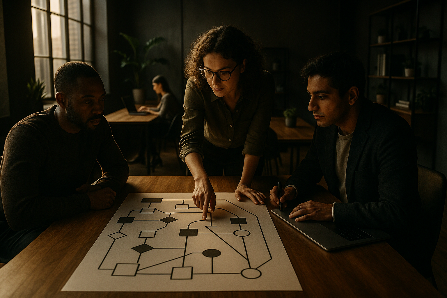 Candid group analyzing abstract flow charts in a modern loft with warm lighting and natural decor.