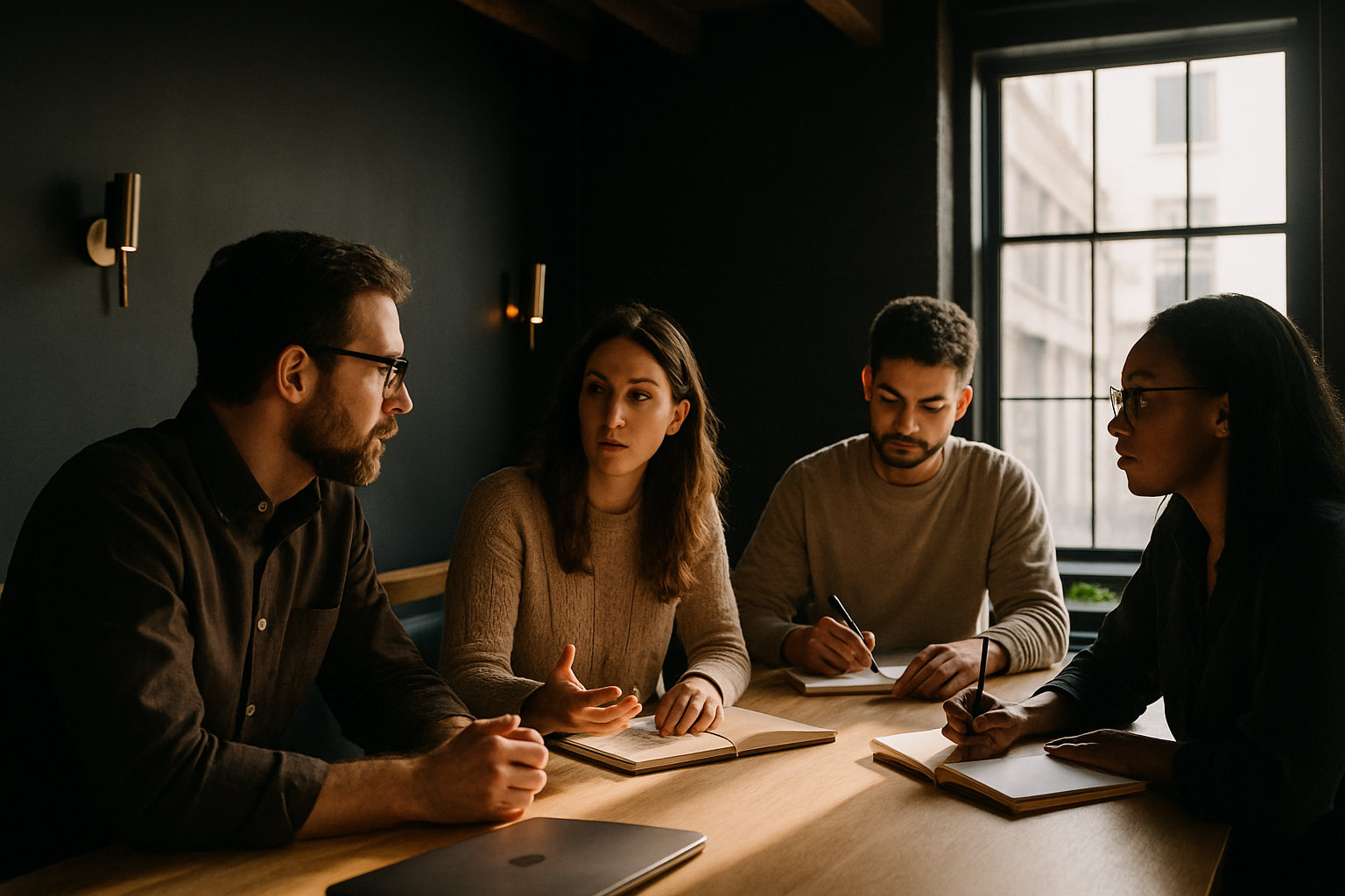 Candid group of people collaborating around a minimalist table in a warmly lit modern loft.