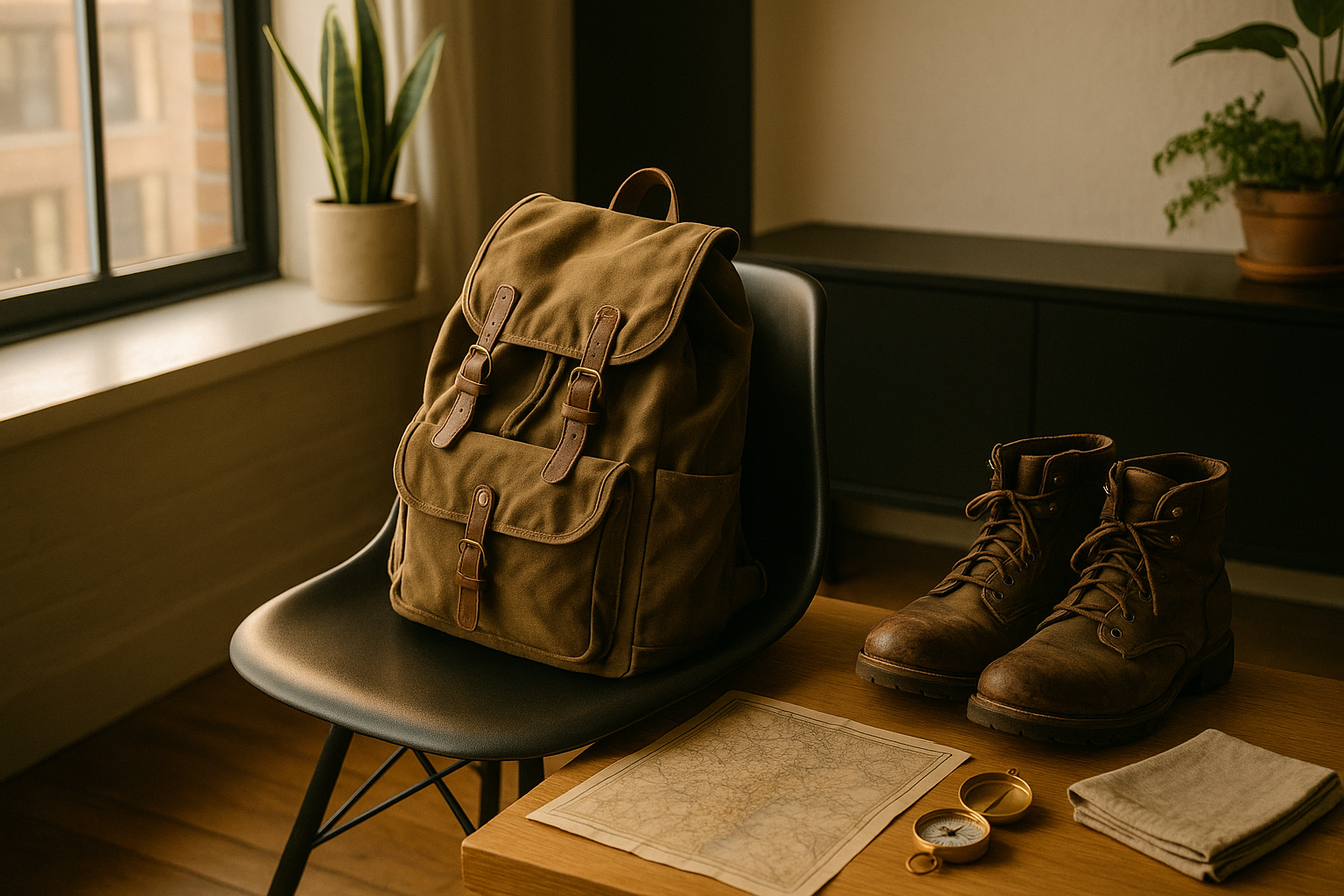 Candid loft scene with backpack, map, compass, hiking boots, and linen napkin in warm light