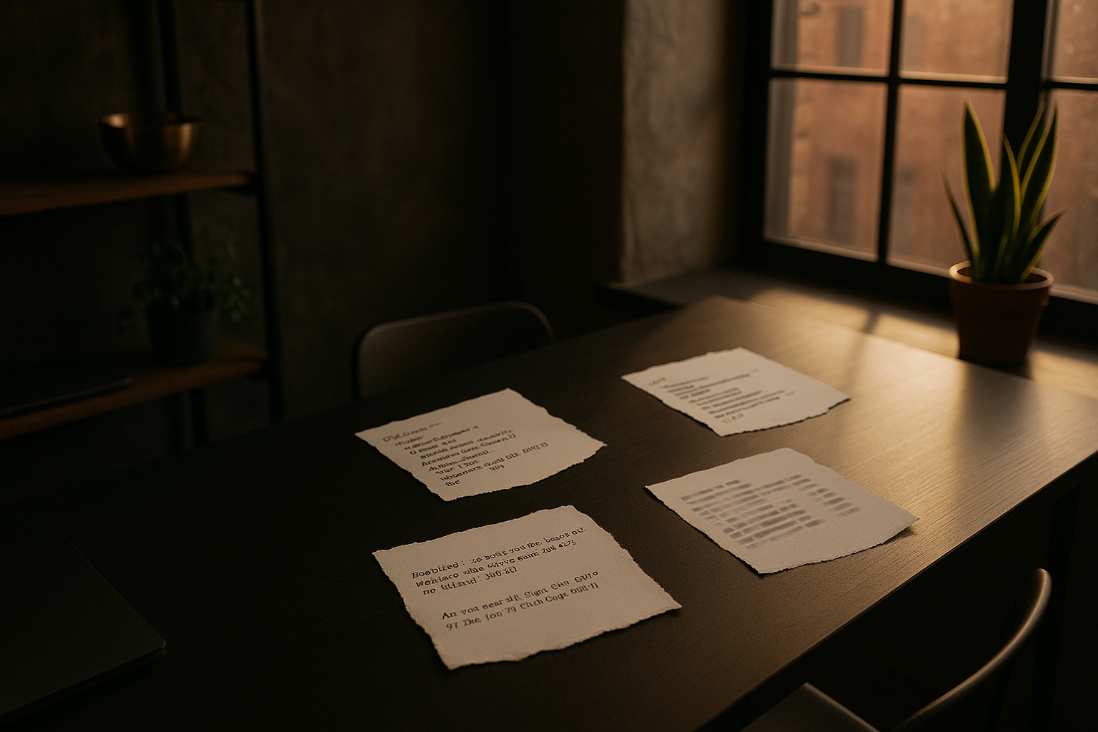 Candid loft scene with code snippets, torn sheets, and abstract digital deception elements.