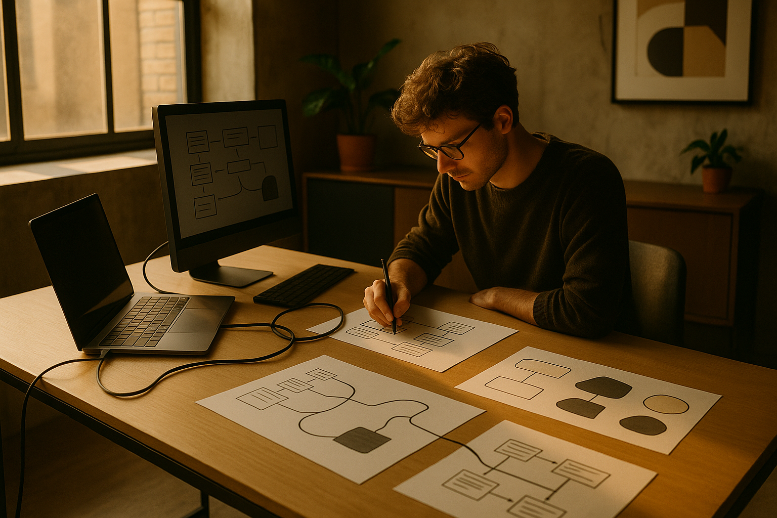 Candid loft scene with digital sketches, cables, geometric forms, and natural warm lighting.