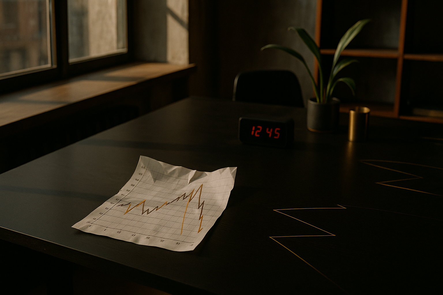 Candid loft scene with graph paper, digital clock, green plant, gold accents, and warm lighting.