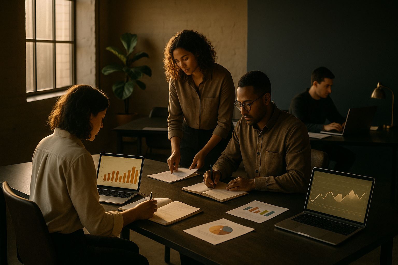 Candid loft scene with professionals collaborating around desks, notebooks, charts, and laptops.