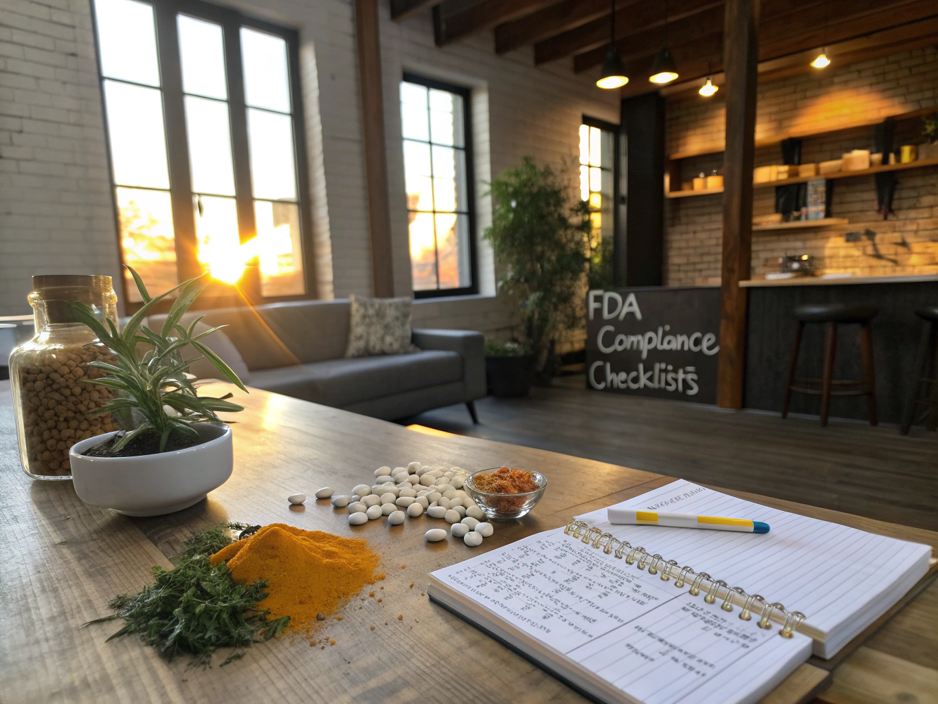 Candid loft scene with turmeric, capsules, ginseng, notebooks, and botanical supplement ingredients.