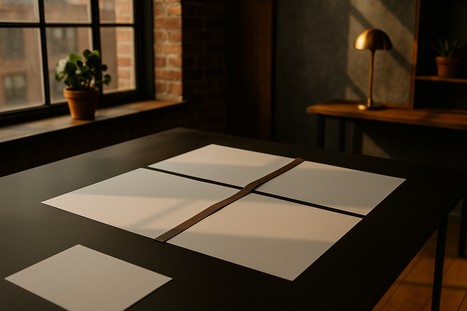 Candid loft scene with white paper sheets, textured strip, and minimalist modern decor.