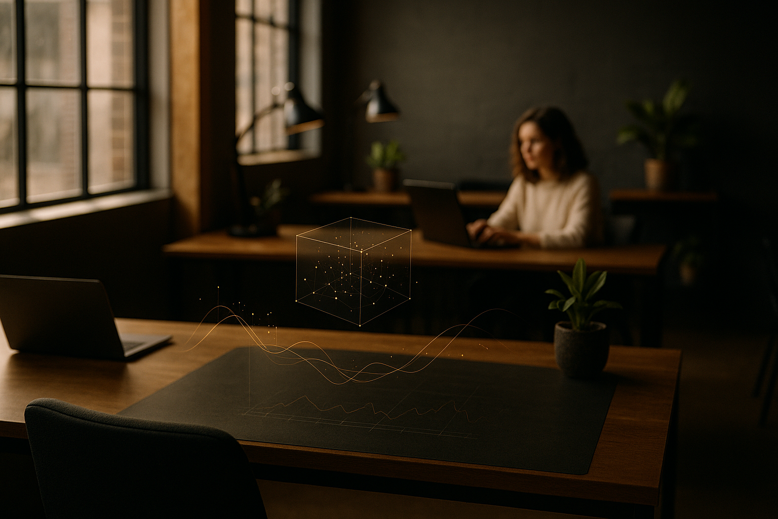 Candid loft with AI-inspired translucent cube, golden threads, and shadowed graphs in warm light.