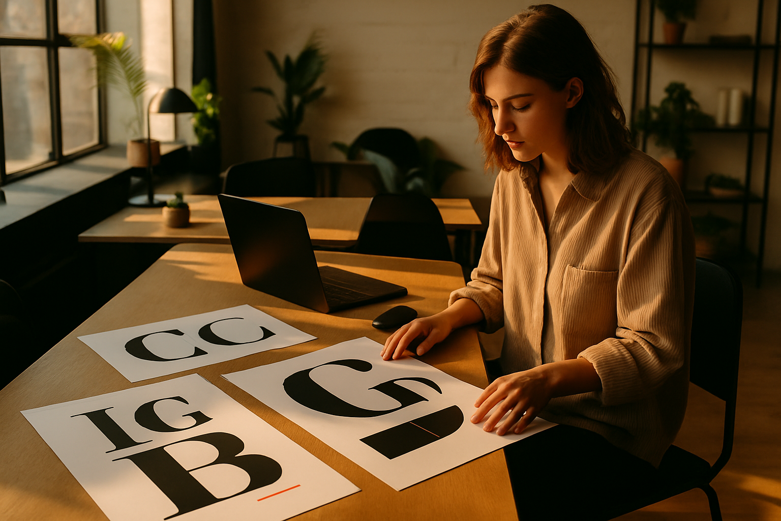 Candid modern loft workspace with typographic papers, black and white shapes, gold accents, and natural light.