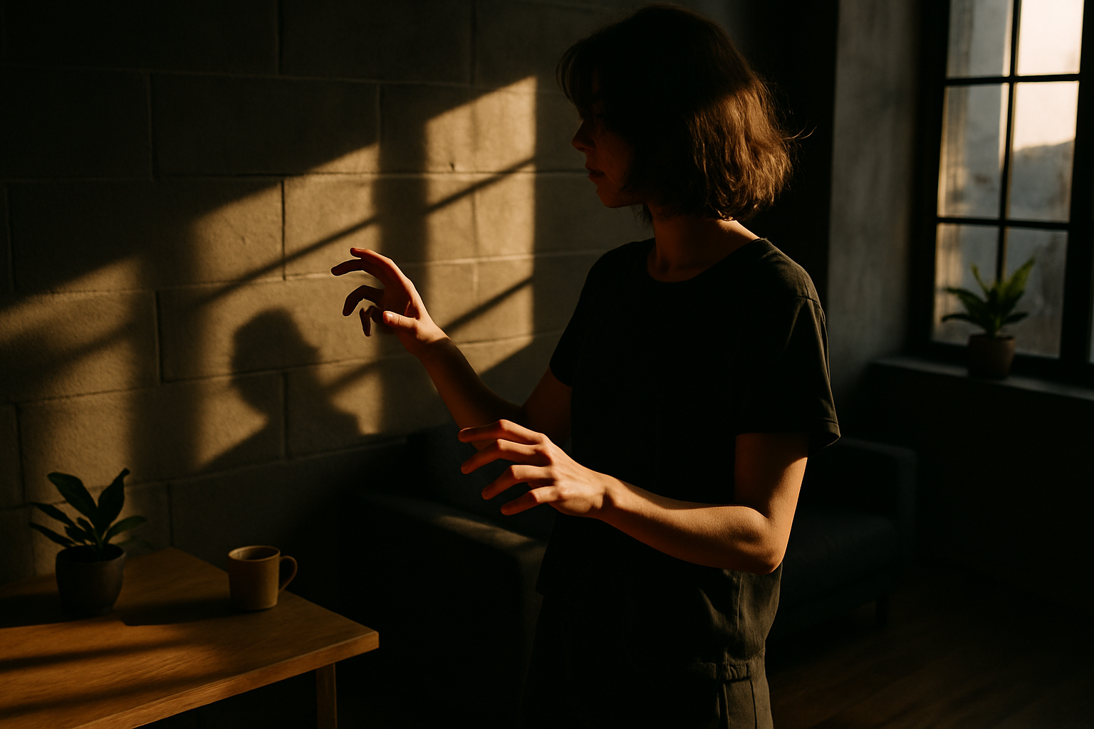 Candid scene of abstract fingers mid-air in a modern loft with warm lighting and subtle shadows.