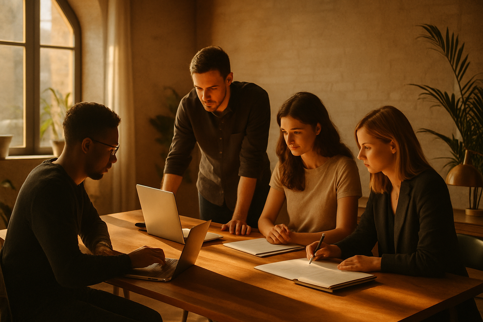 Candid team collaborating around wooden table in modern loft with warm lighting and green plants.