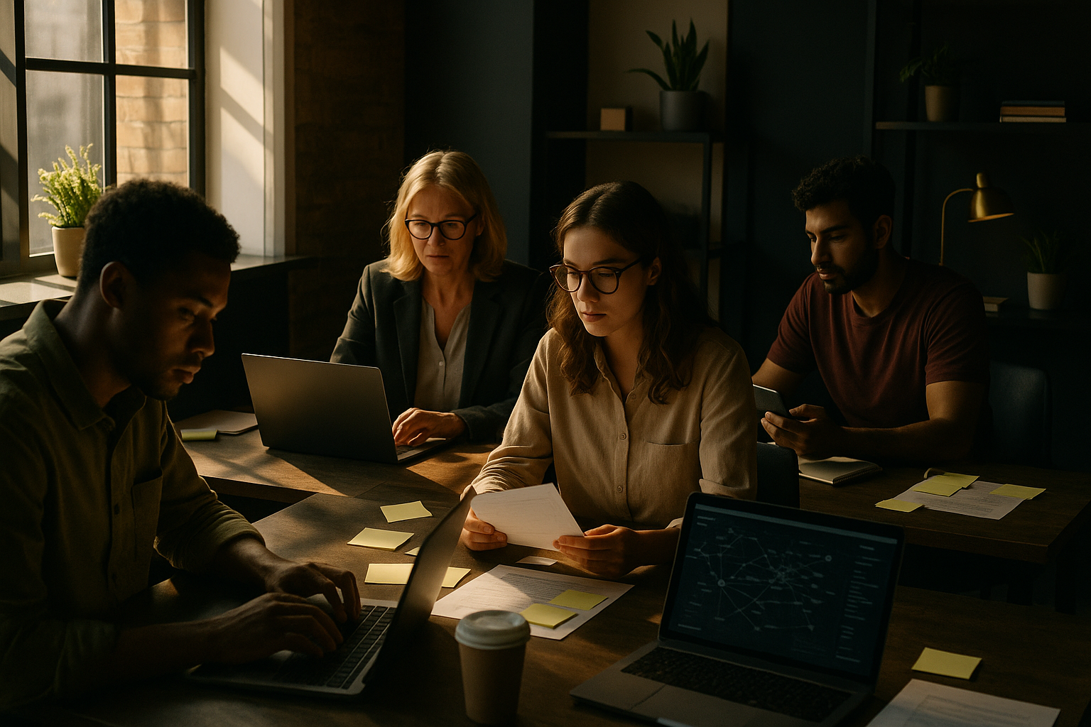Diverse group collaborating in modern loft with screens, notes, and digital maps in warm light.