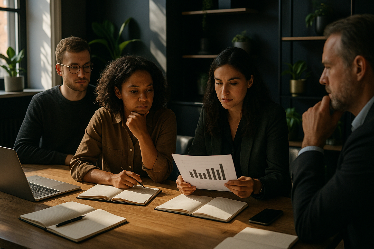Diverse professionals analyzing charts around a wooden table in a modern, well-lit co-working loft.