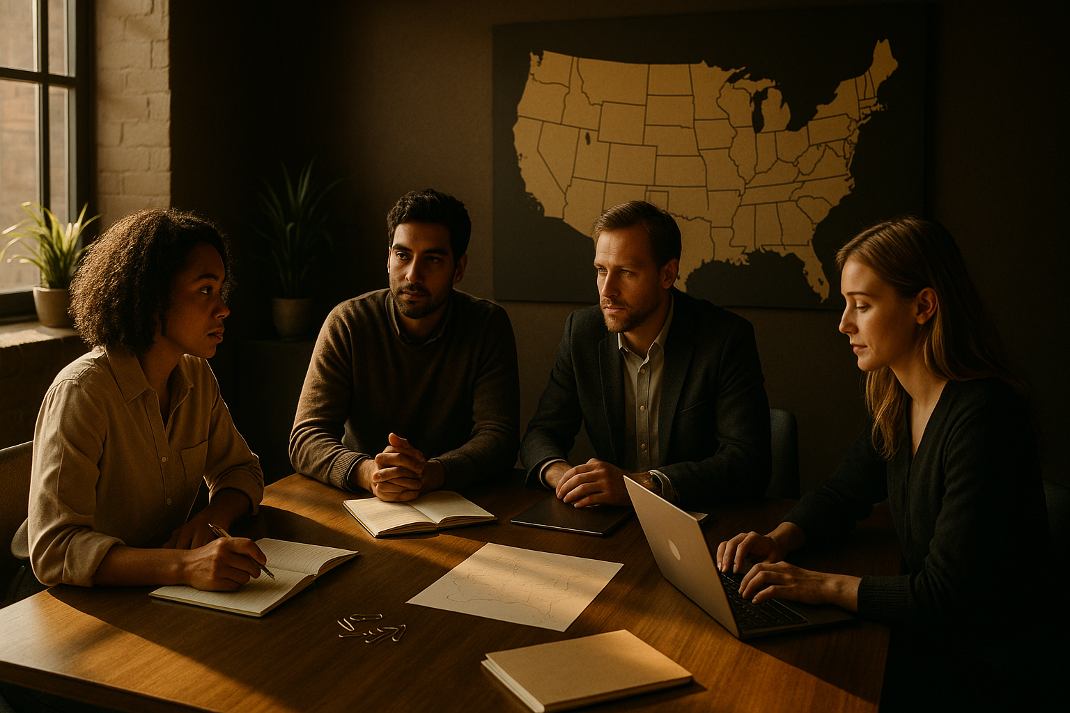 Diverse professionals gather around a wooden table in a warm, modern loft with notebooks and greenery.