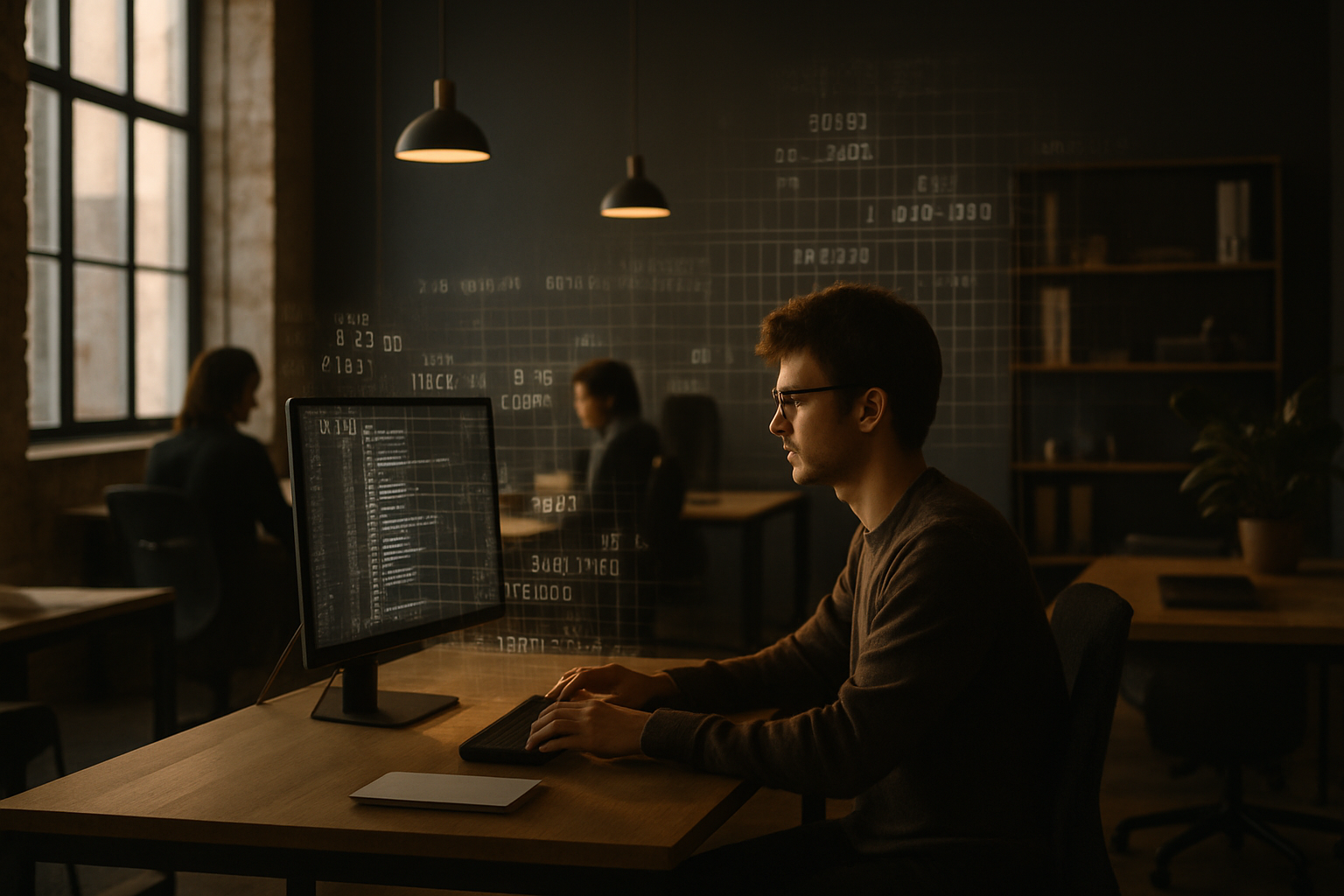 Focused individual in co-working loft with digital codes and data projections under warm afternoon light.