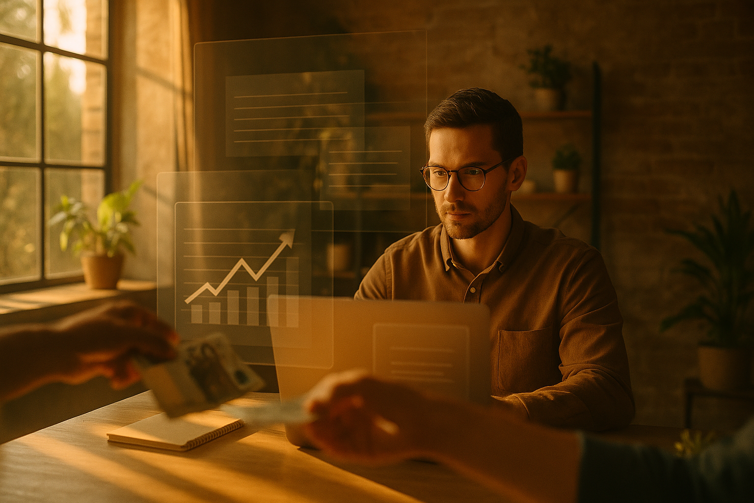 Focused individual in modern loft with floating graphs and layered screens symbolizing data and collaboration.
