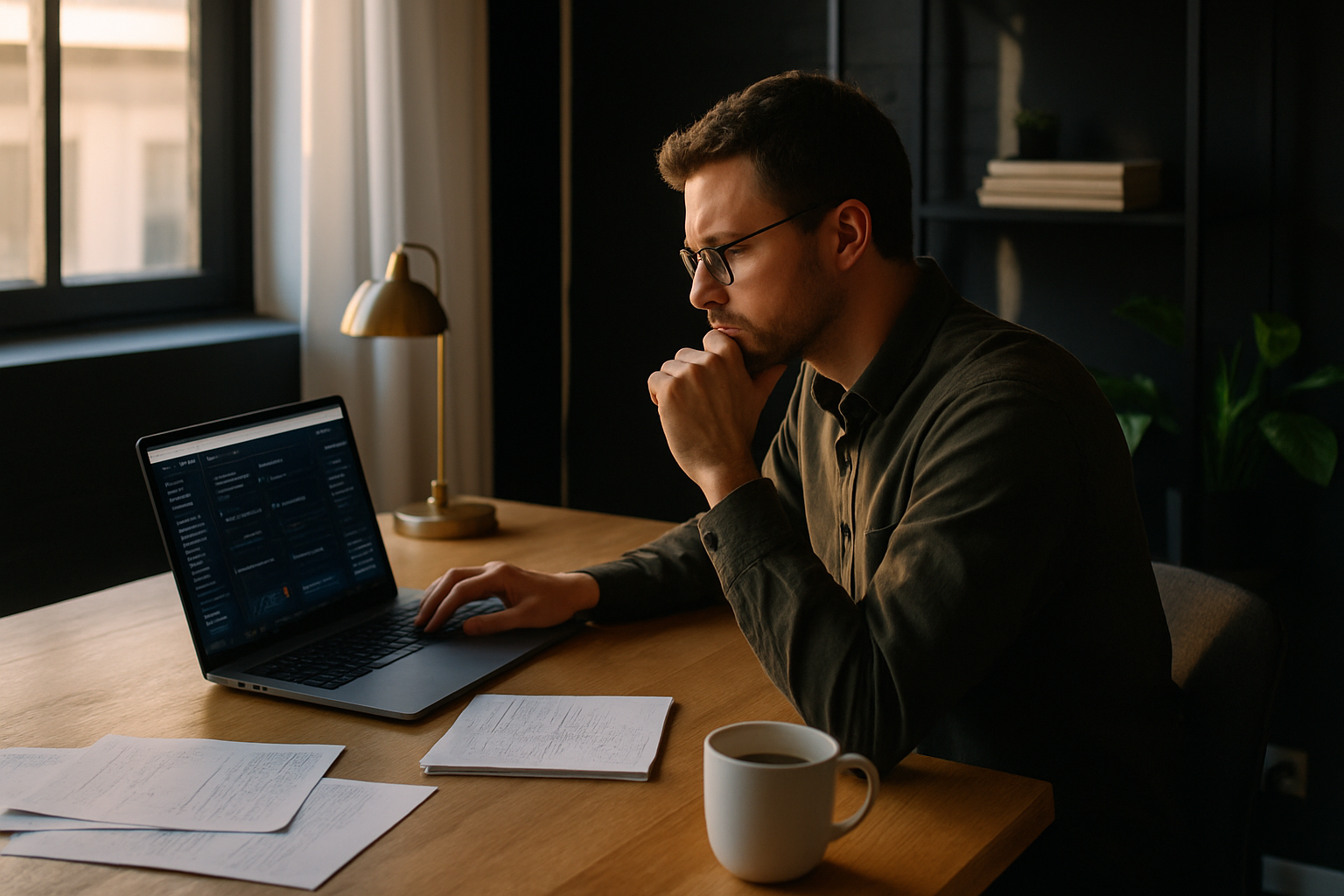 Focused professional at desk with laptop, notes, tea, and plant in bright loft setting.