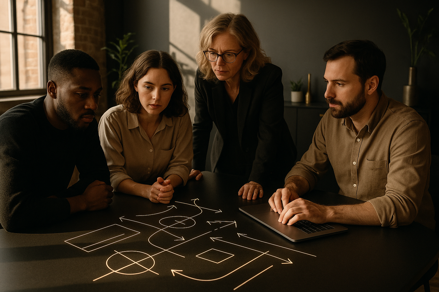Focused professionals in a modern loft with light, wood, gold accents, and illuminated abstract navigation lines.