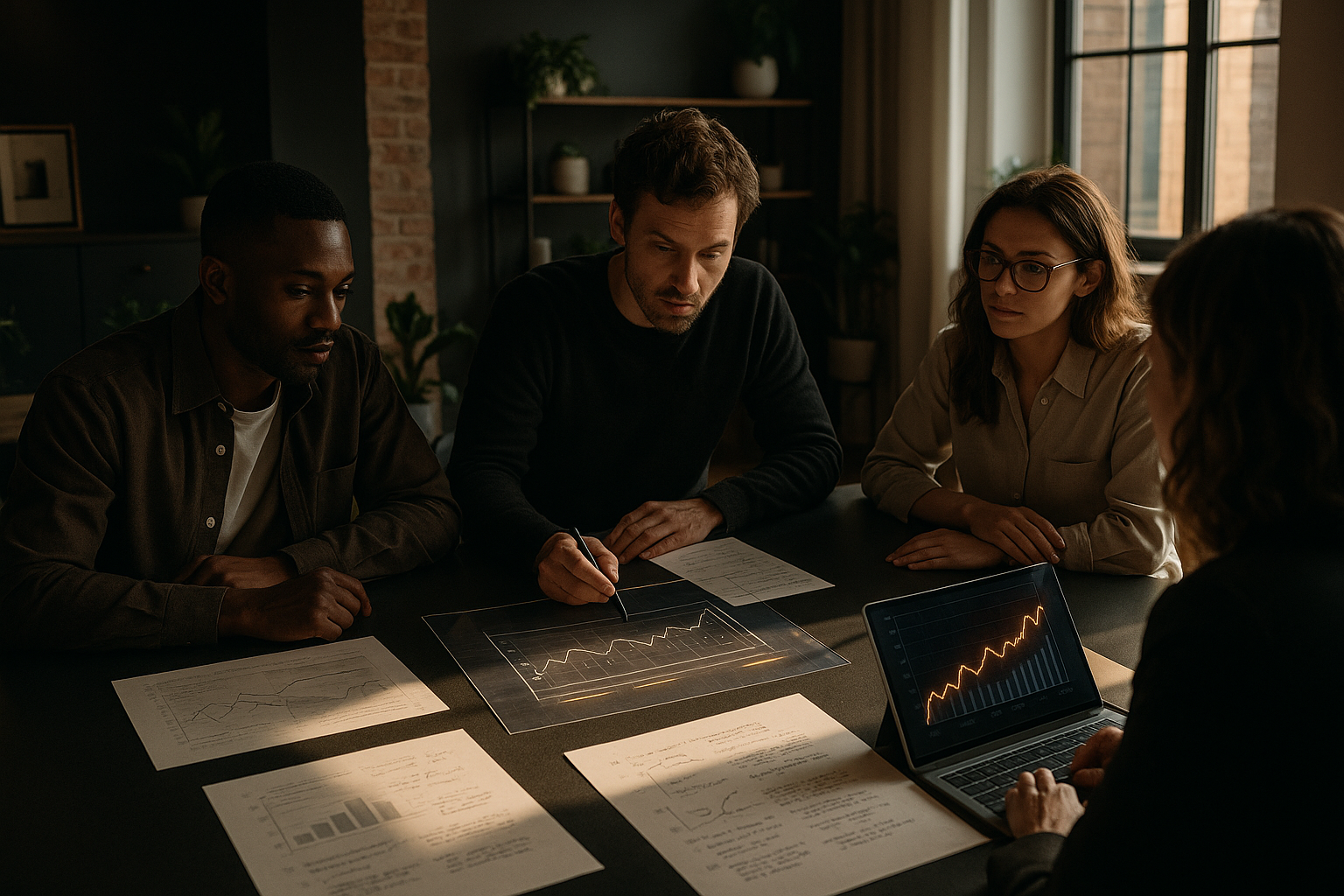 Group analyzing charts and notes in a modern loft with warm lighting and sleek workspace.