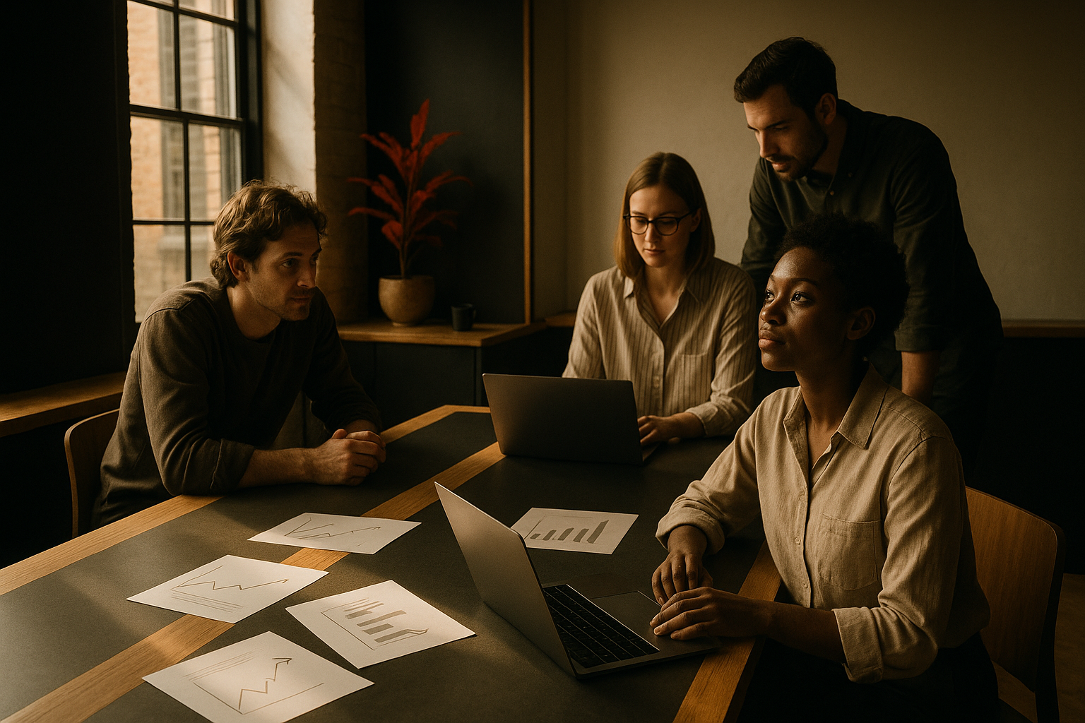Group collaborating in a minimal loft with natural wood, red-orange plant, and abstract graphs.