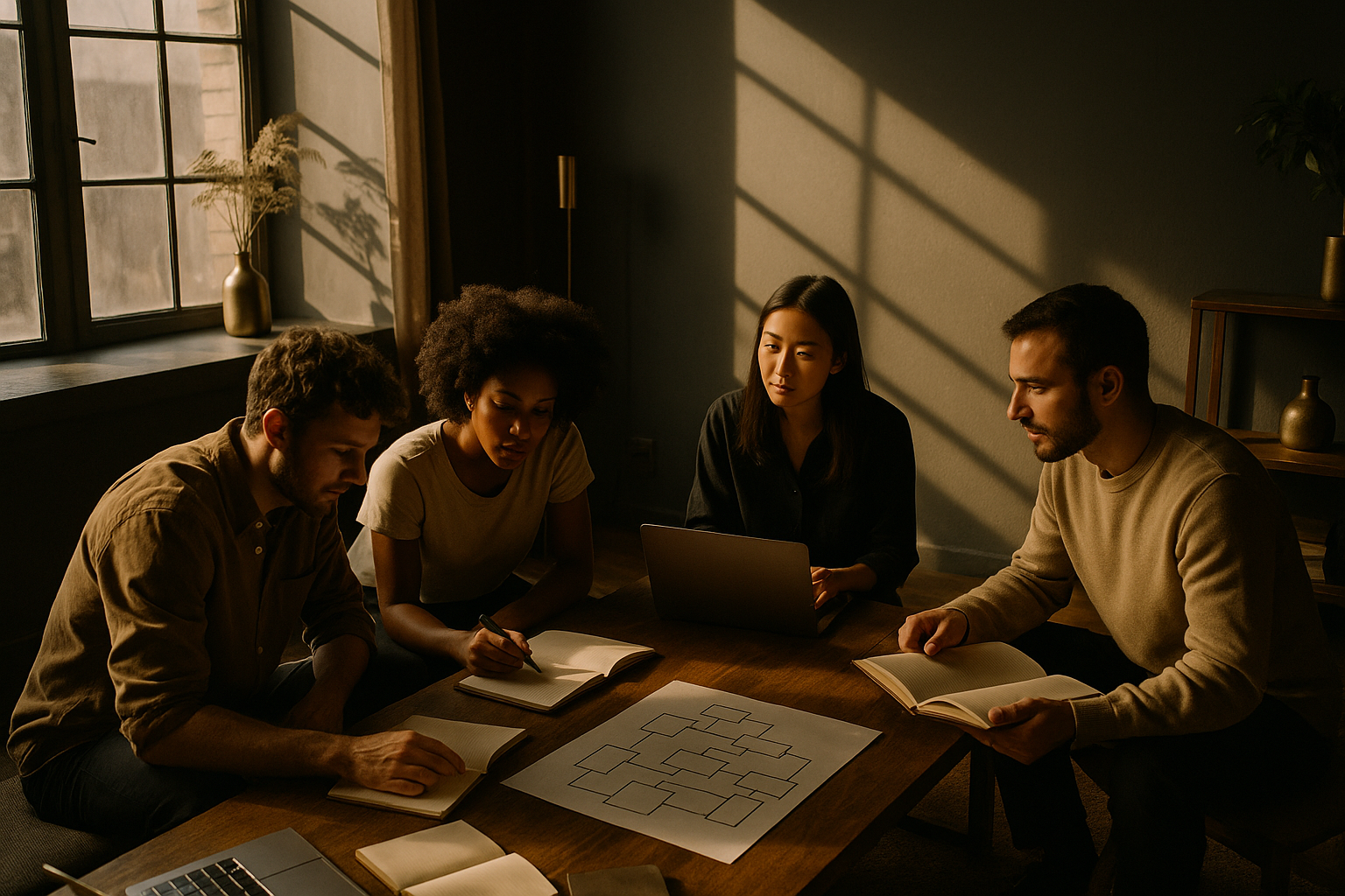 Group collaborating with notebooks and laptops in a modern loft illuminated by warm afternoon light.
