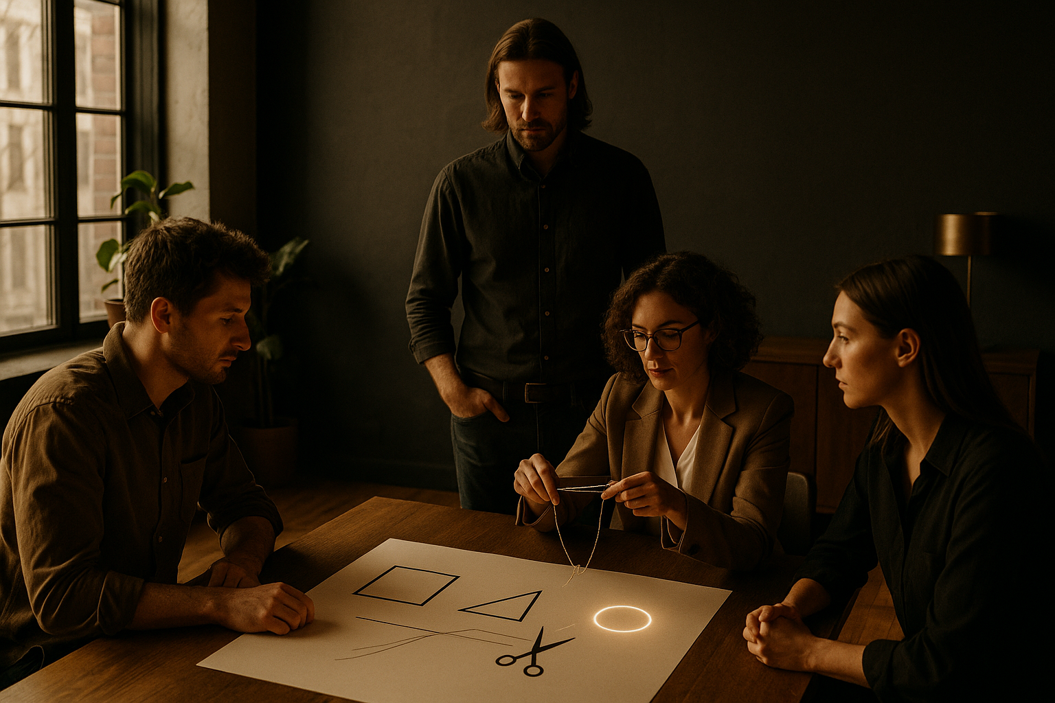 Group discussing abstract geometric shapes and glowing orbs in modern loft setting.