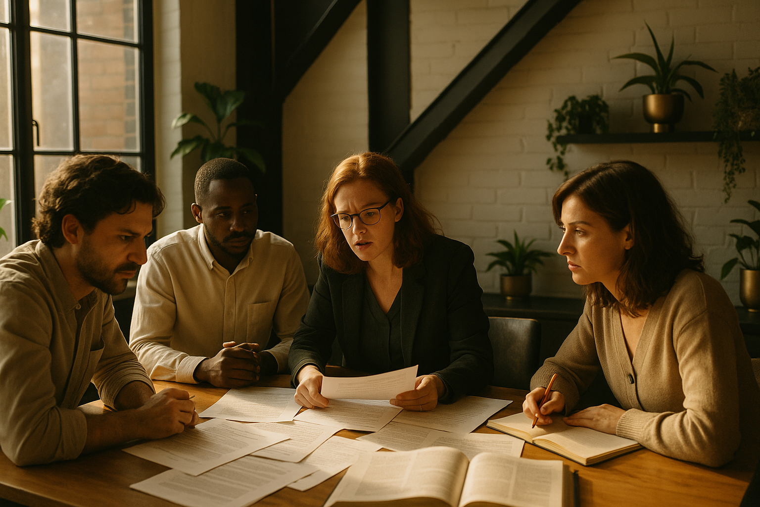 Group of people discussing legal documents in a modern loft with natural light and warm tones.