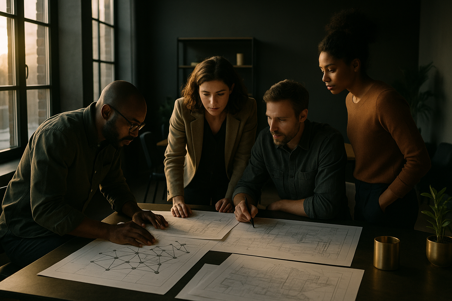Group of professionals analyzing blueprints in a modern loft with natural light and warm decor.