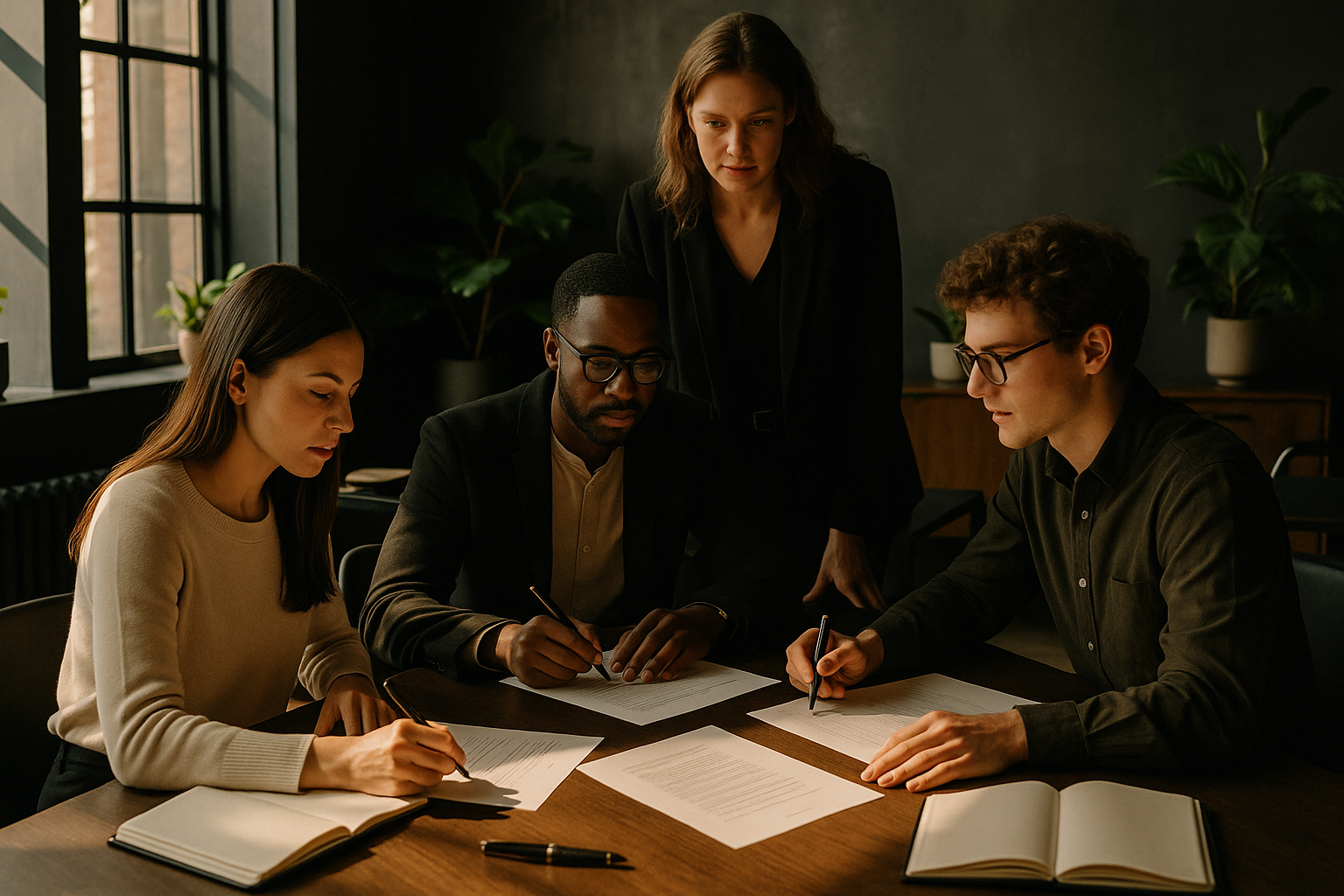 Group of professionals discussing legal documents in a modern, well-lit co-working loft.