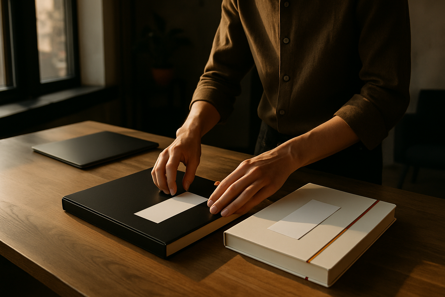 Hands aligning white labels on black and white surfaces in a modern loft workspace.