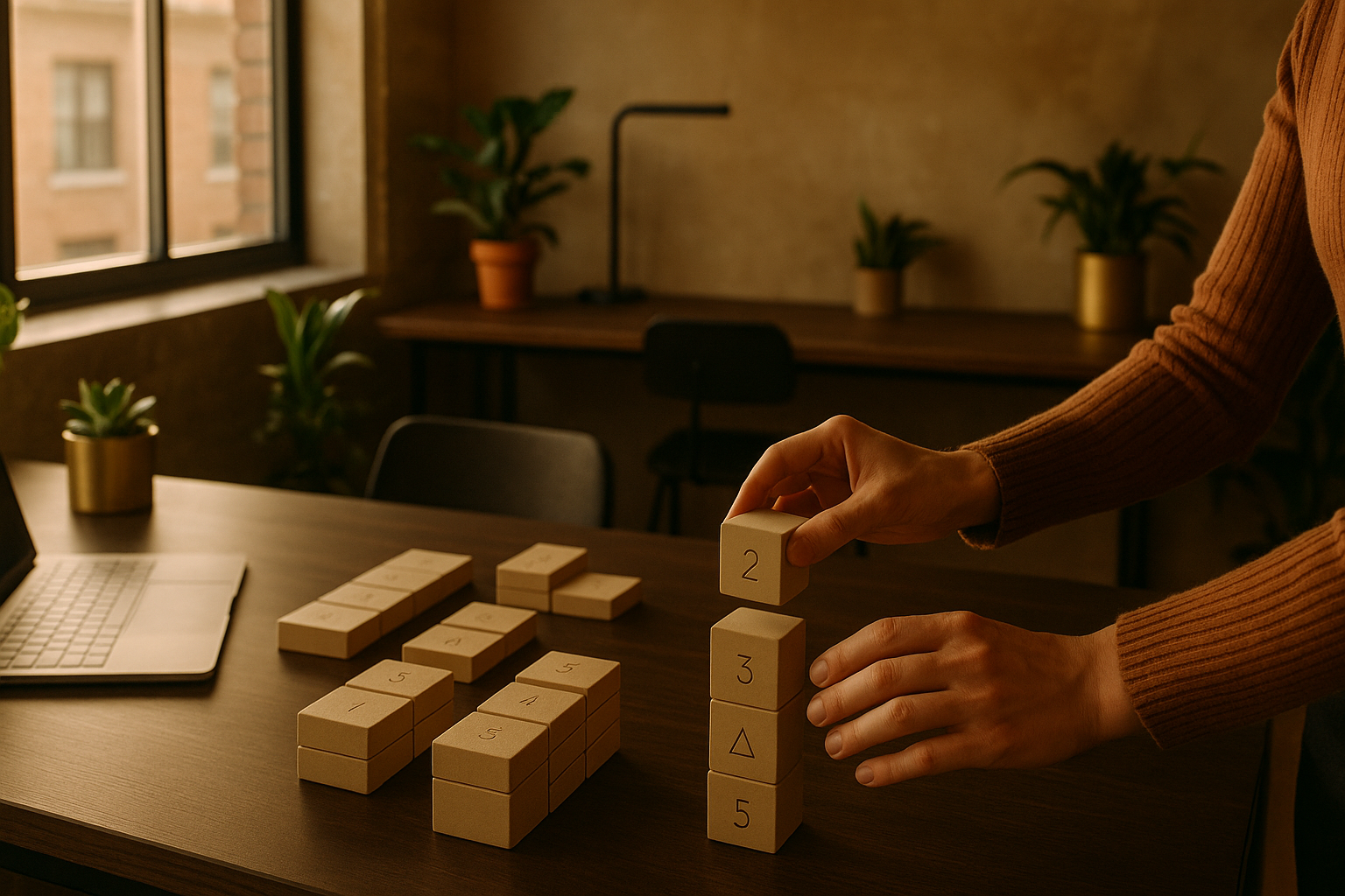 Hands arranging minimalist abstract blocks with codes in a modern loft workspace bathed in warm, natural light.