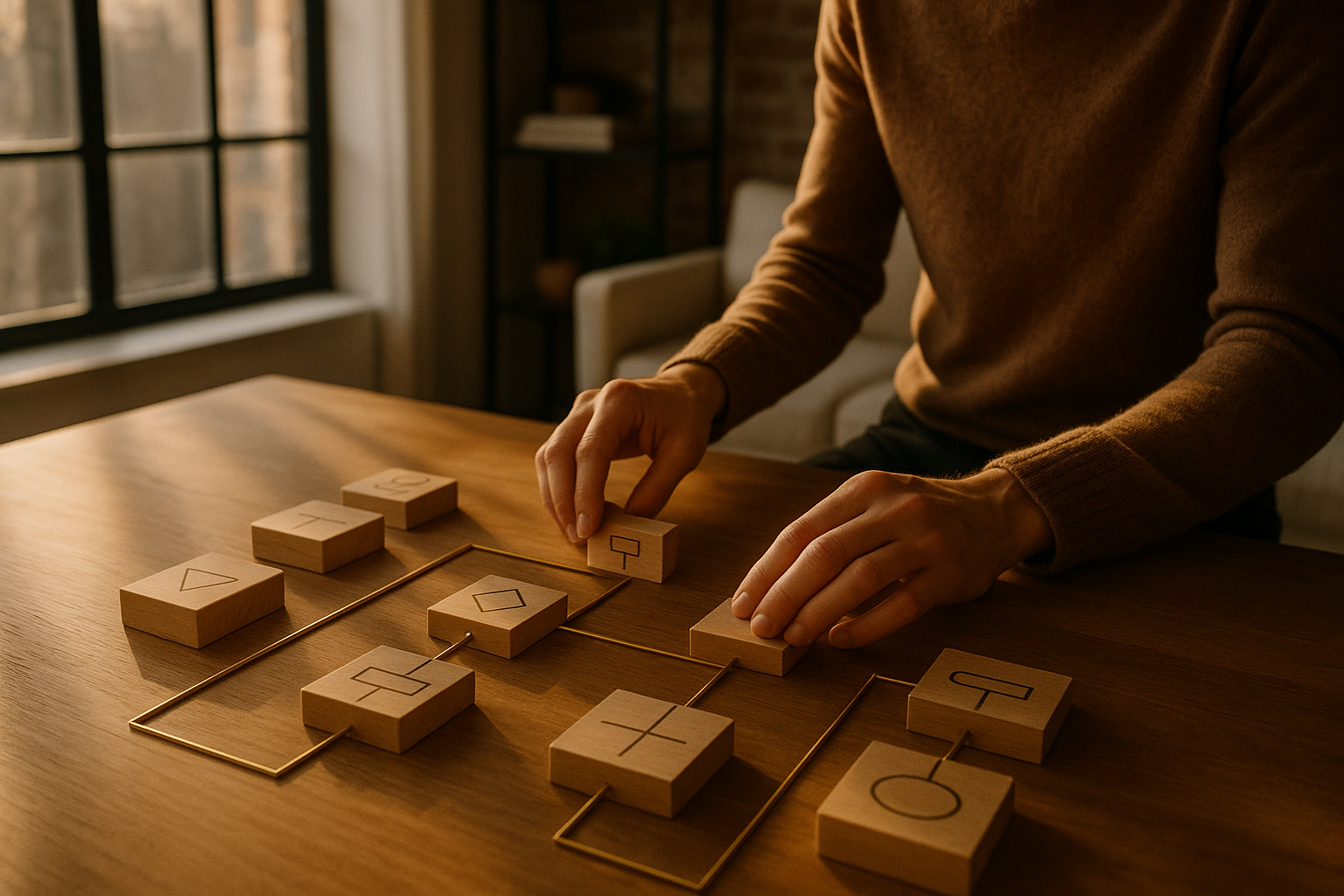 Hands arranging wooden blocks and gold rods in a modern loft workspace with warm lighting.