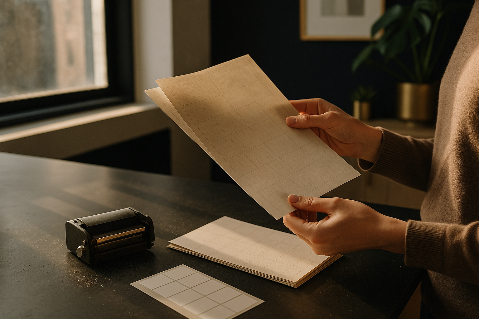Hands holding textured grid papers in a modern loft with vintage printer and natural light.