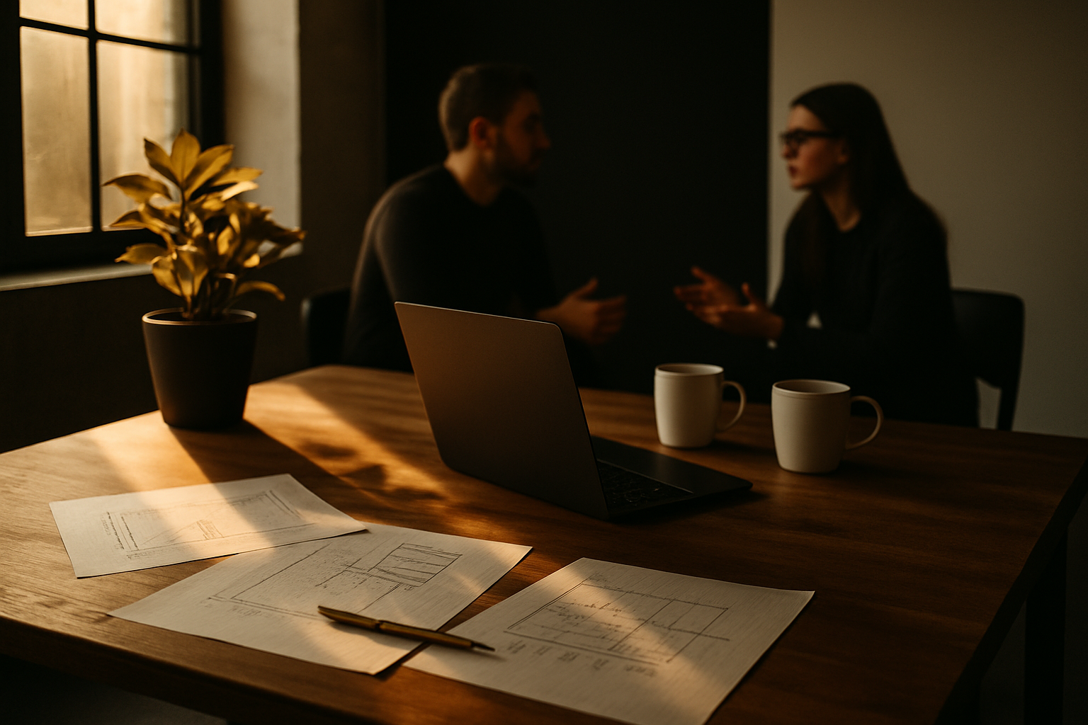 Modern loft workspace with graph paper, laptop, plant, mugs, and people collaborating.