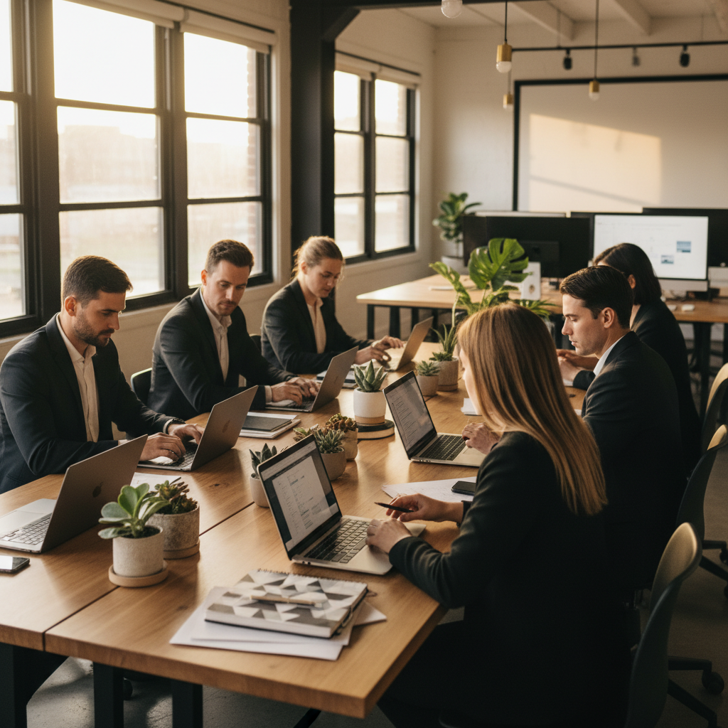 Diverse professionals collaborate in a modern loft with warm lighting, laptops, notebooks, and plants.