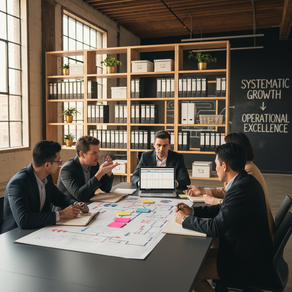 Diverse team discussing around a table with notebooks, charts, and spreadsheets in a modern loft.