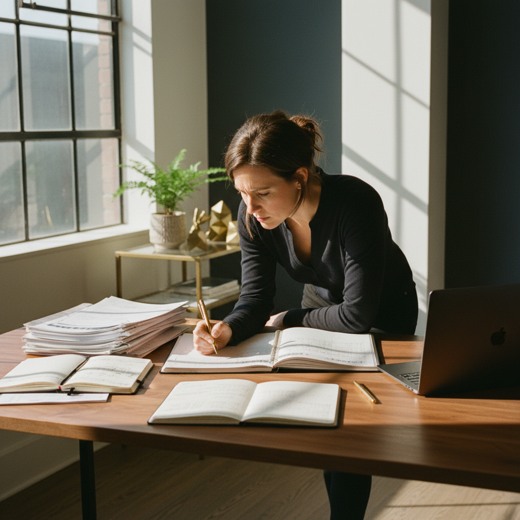 Focused entrepreneur working at a modern loft desk with spreadsheets and notebooks.